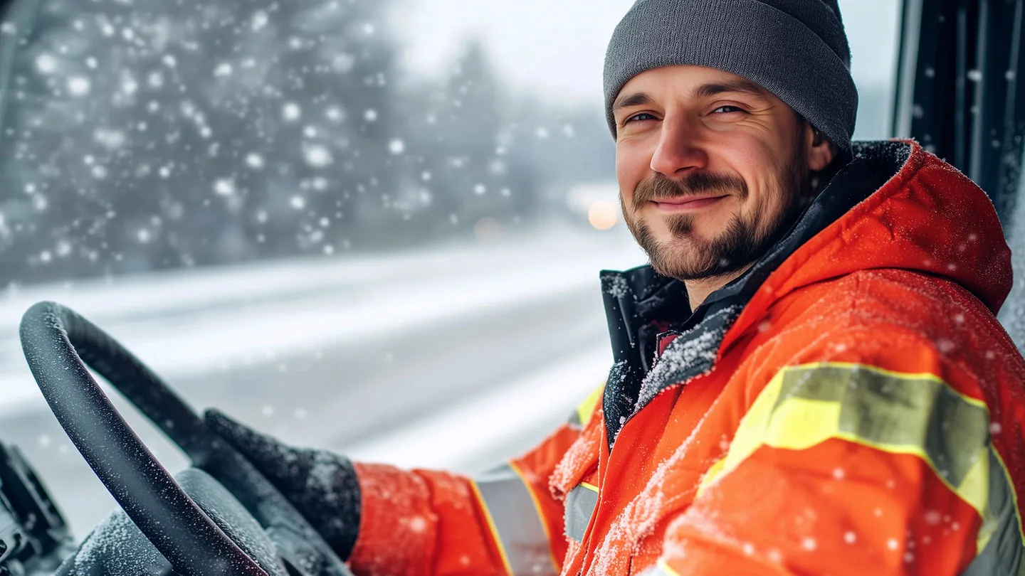 Mann im Schneeräumfahrzeug im Winter