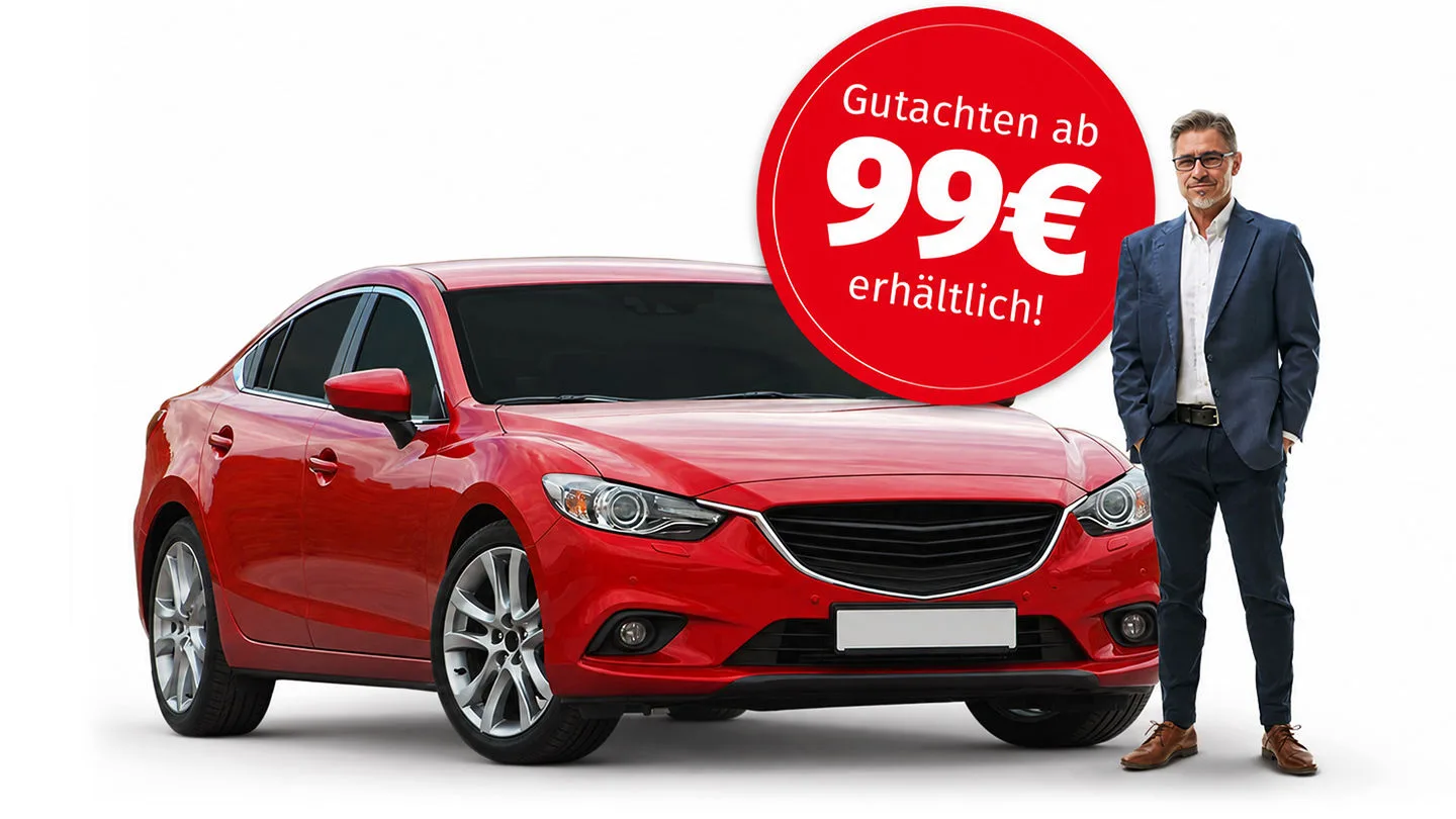 Ein Mann steht vor einem roten Auto. Störer: Gutachten ab 99 Euro erhältlich!