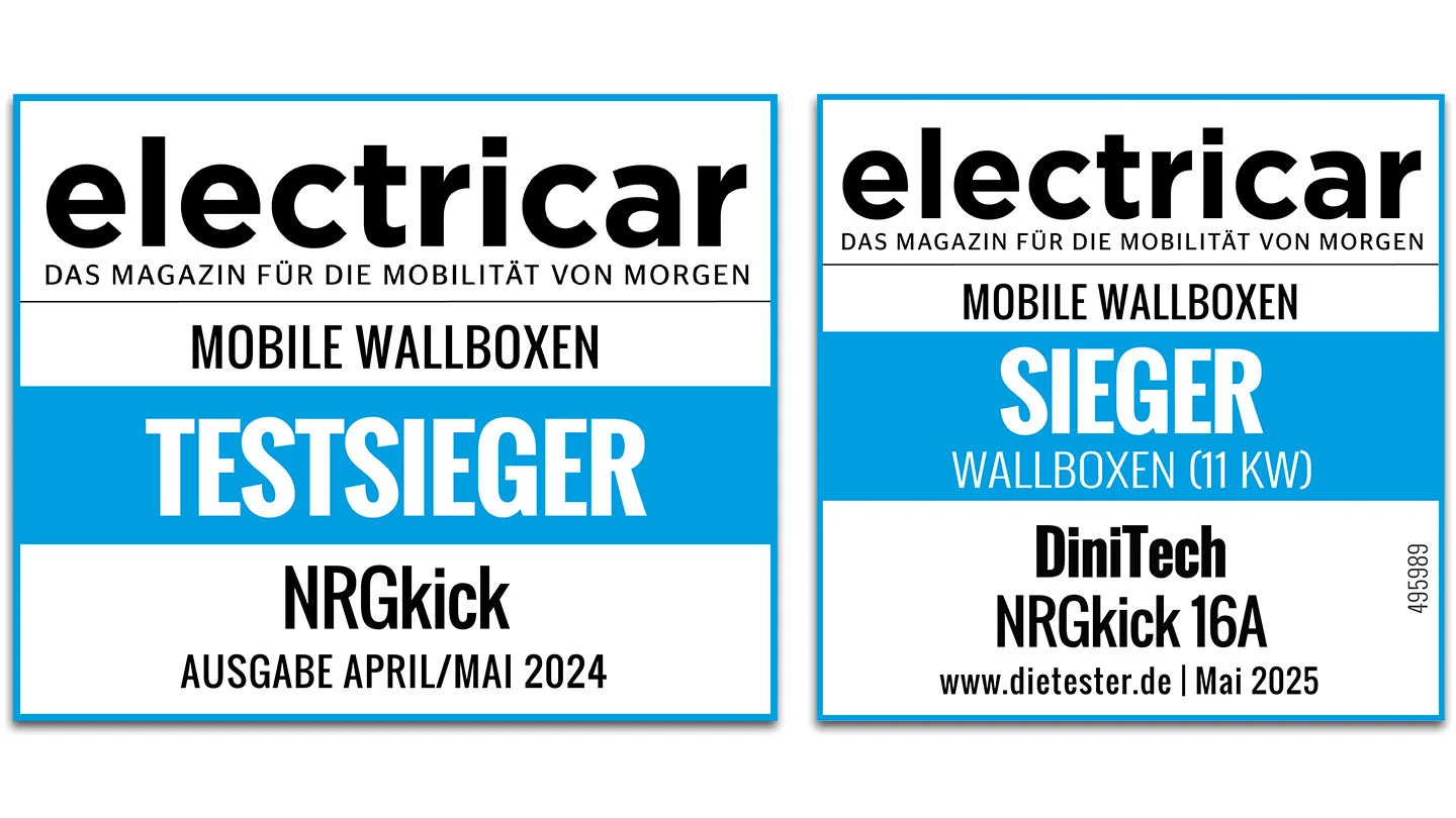 Zwei Siegel von Electriccar für NRGkick, das sie als Testsieger auszeichnet