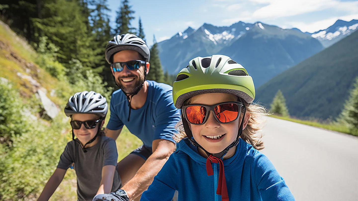 Vater mit zwei Kindern auf einer Fahrradtour in den Bergen