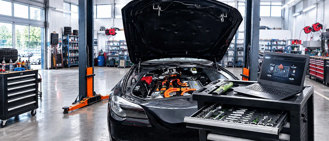 E-Auto in einer Werkstatt