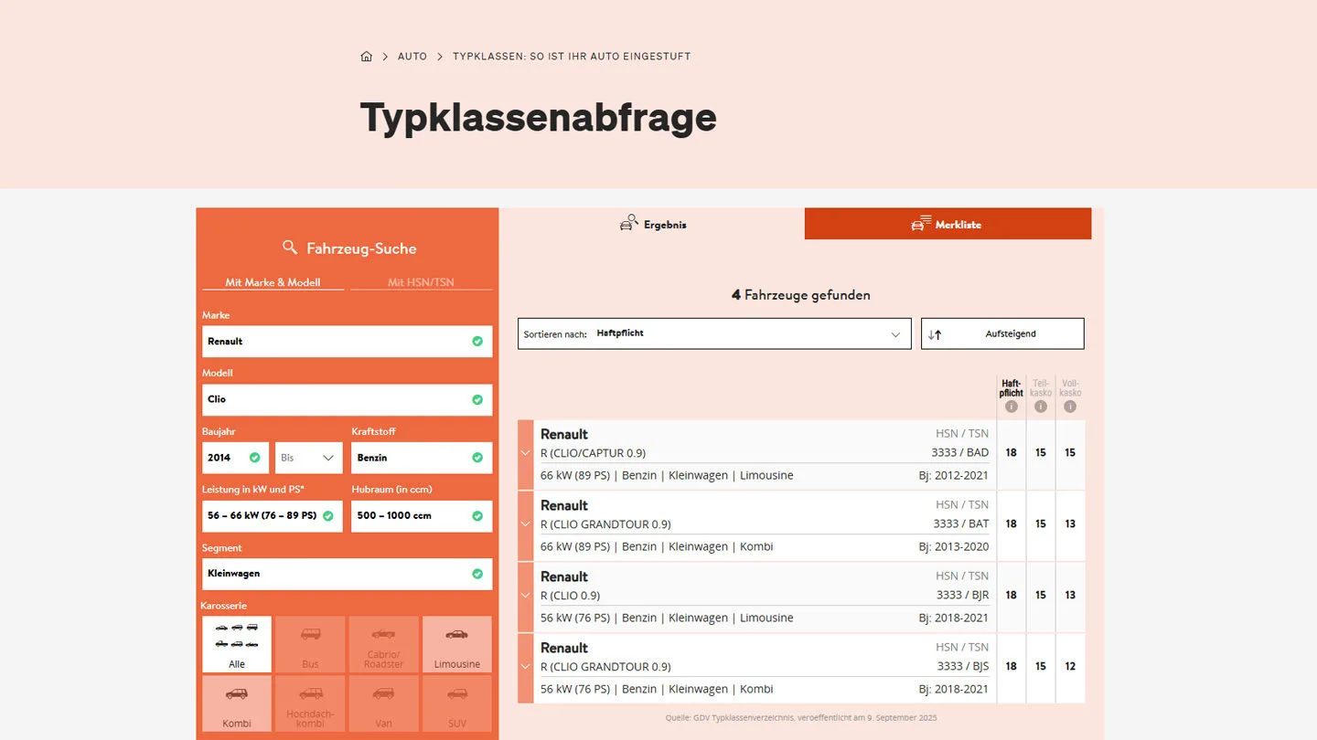 Abfrageformular des GDV zur Typklasseneinstufung