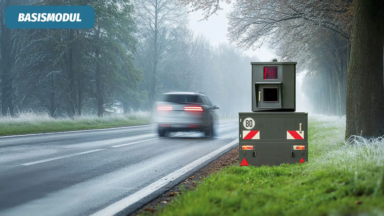 Ein Auto fährt an einem mobilen Blitzer vorbei, der Fahrer freut sich dass er hier bei einer falschen Messung abgesichert ist.