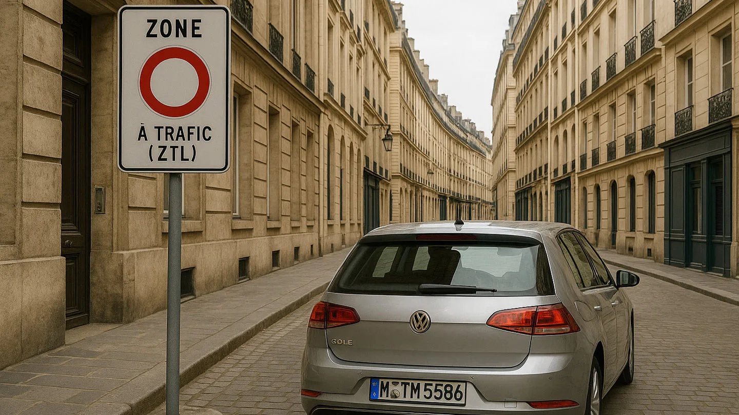 Straßenzug in Paris mit Hinweisschild auf ZTL
