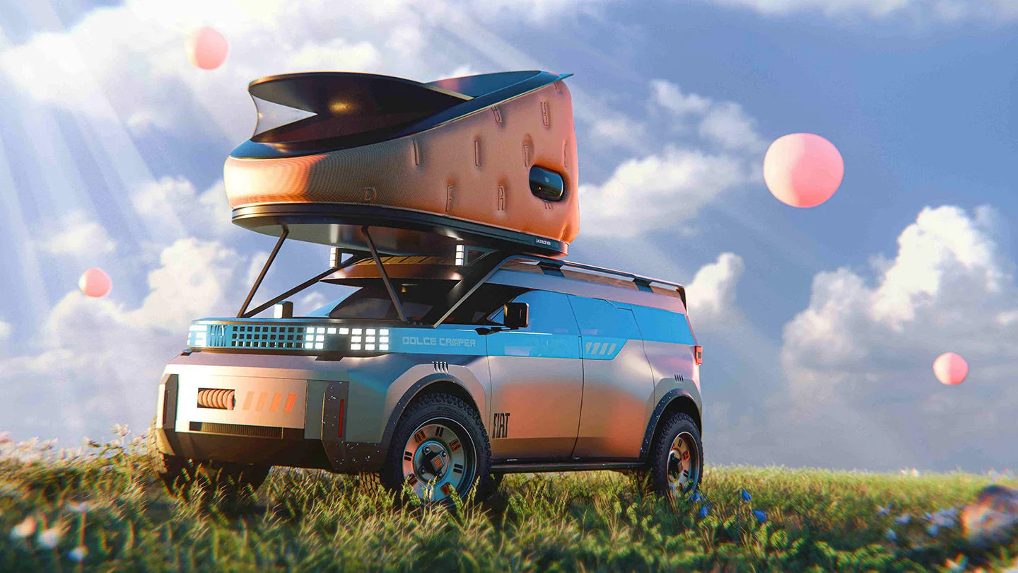 Auto mit Dachzelt in bunten Farben 