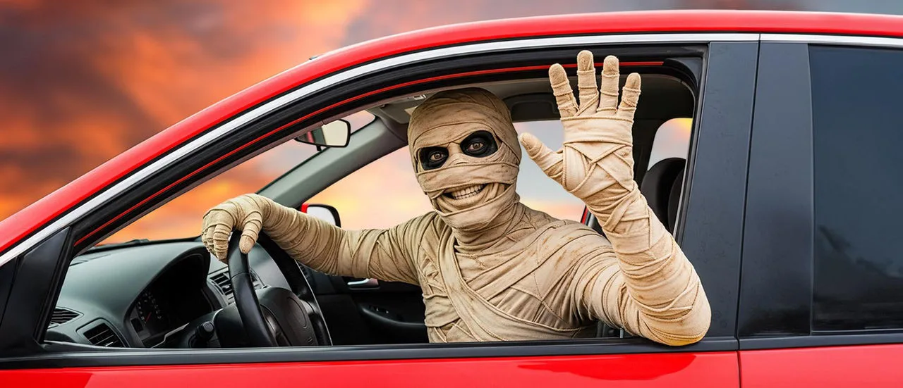 mumie fährt auto