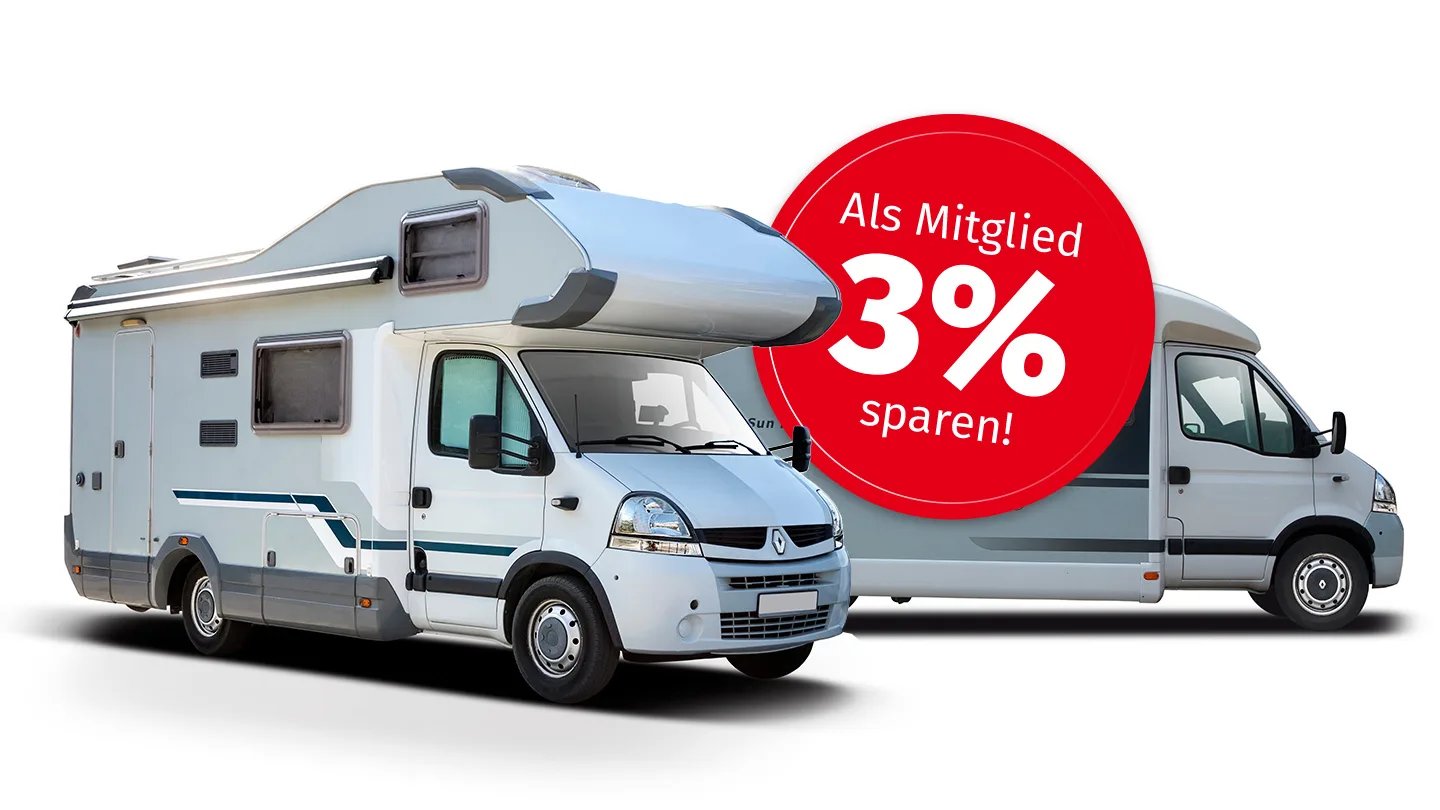 Zwei verschiedene Camper-Modelle stehen nebeneinander geparkt. Störer: Als Mitglied 3% sparen!