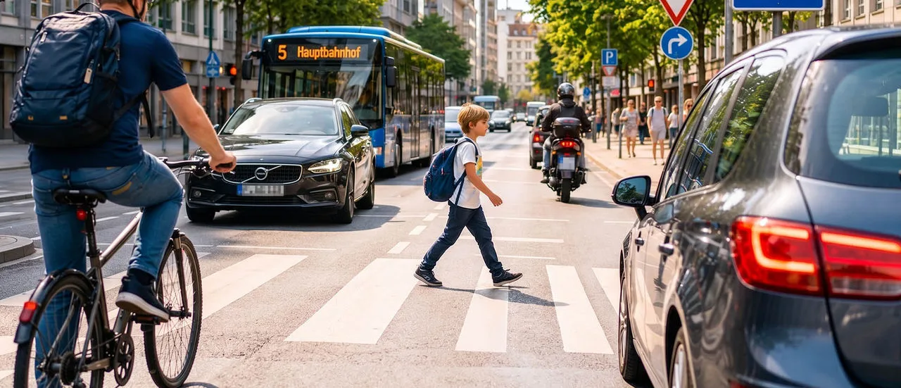 kleiner Junge überquert die Straße auf einem Zebrastreifen