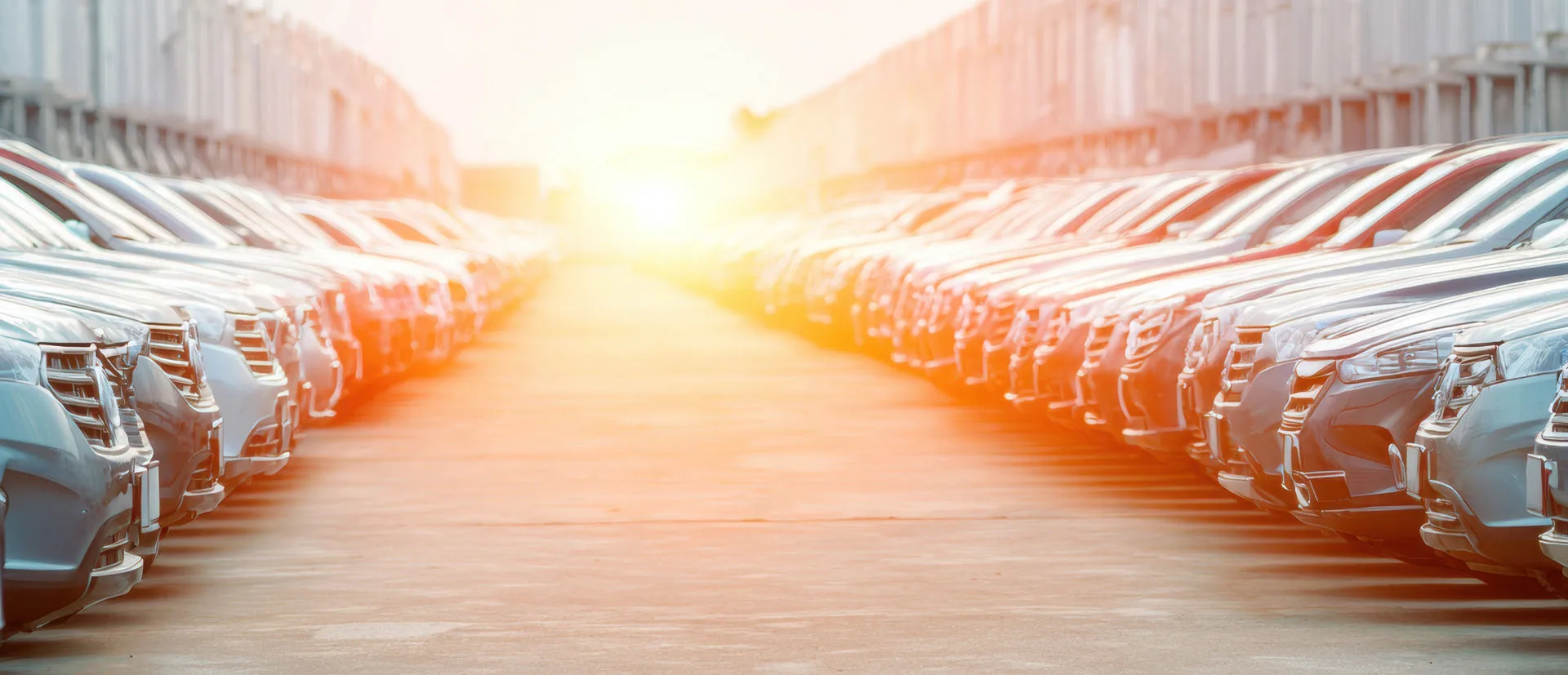 Autoreihen bei einem Autohändler im Gegenlicht
