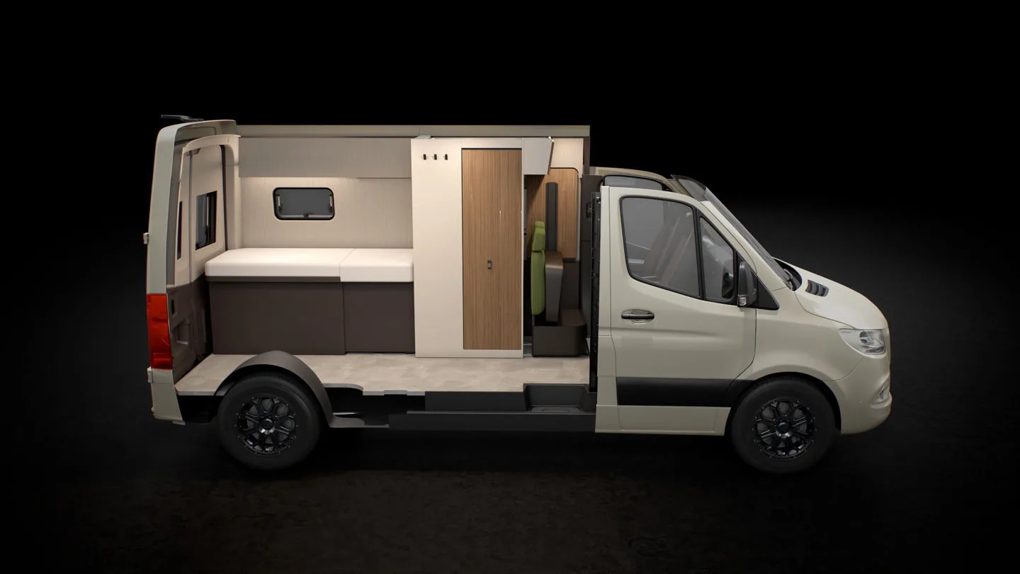 Schematische Darstellung des Campervans Bürstner Habiton HM 600 mit verschiebbarem Waschraum
