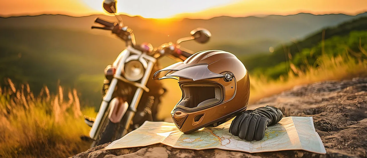 Motorradhelm im Vordergrund, Motorrad im Hintergrund