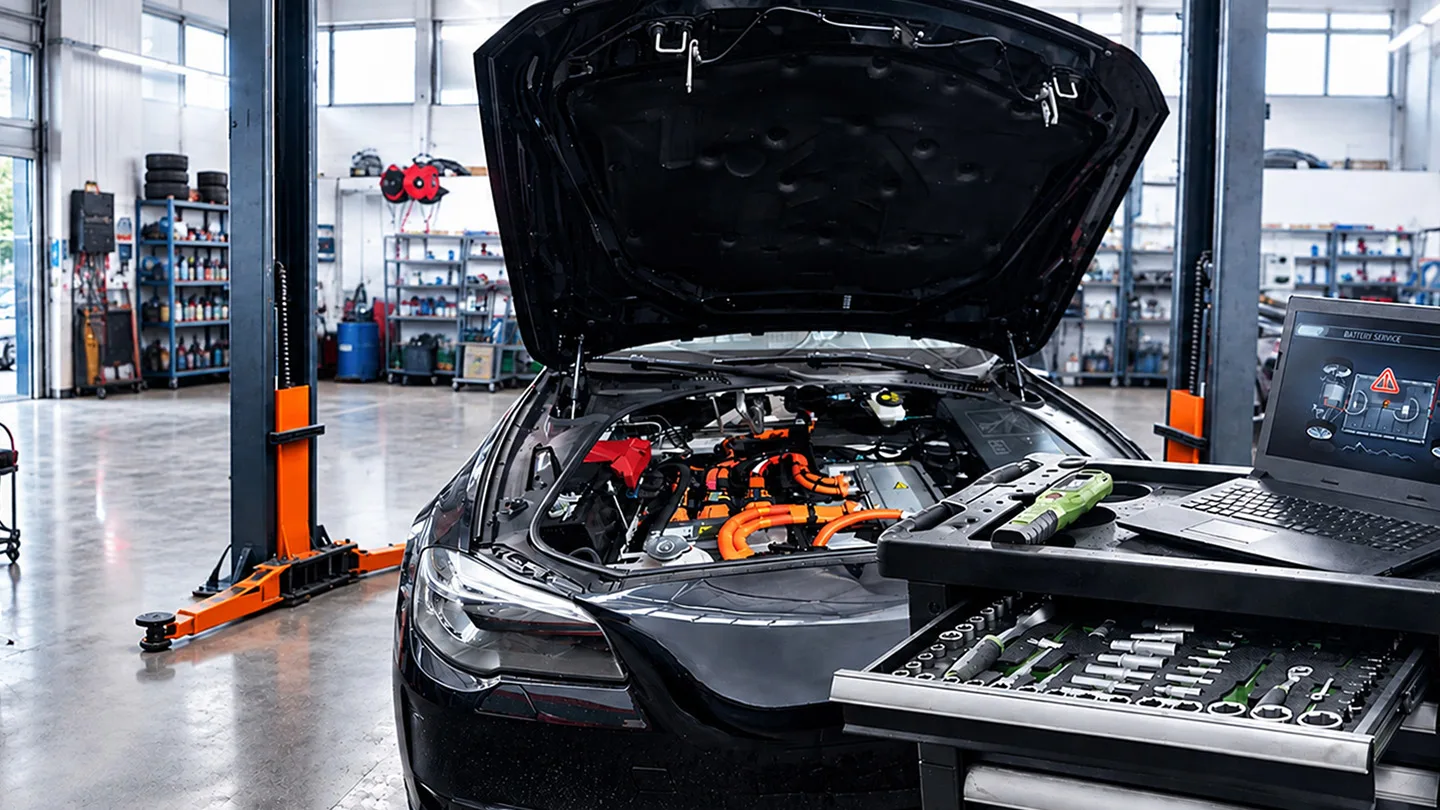 E-Auto in einer Werkstatt mit geöffneter Motorhaube