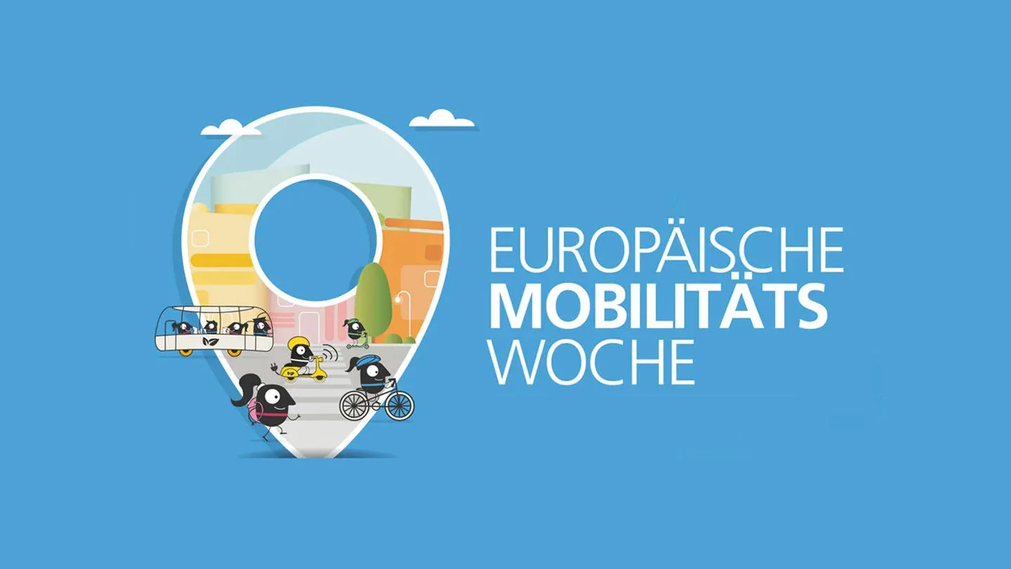 Logo er Europäischen Mobilitätswoche auf blauem Hintergrund 