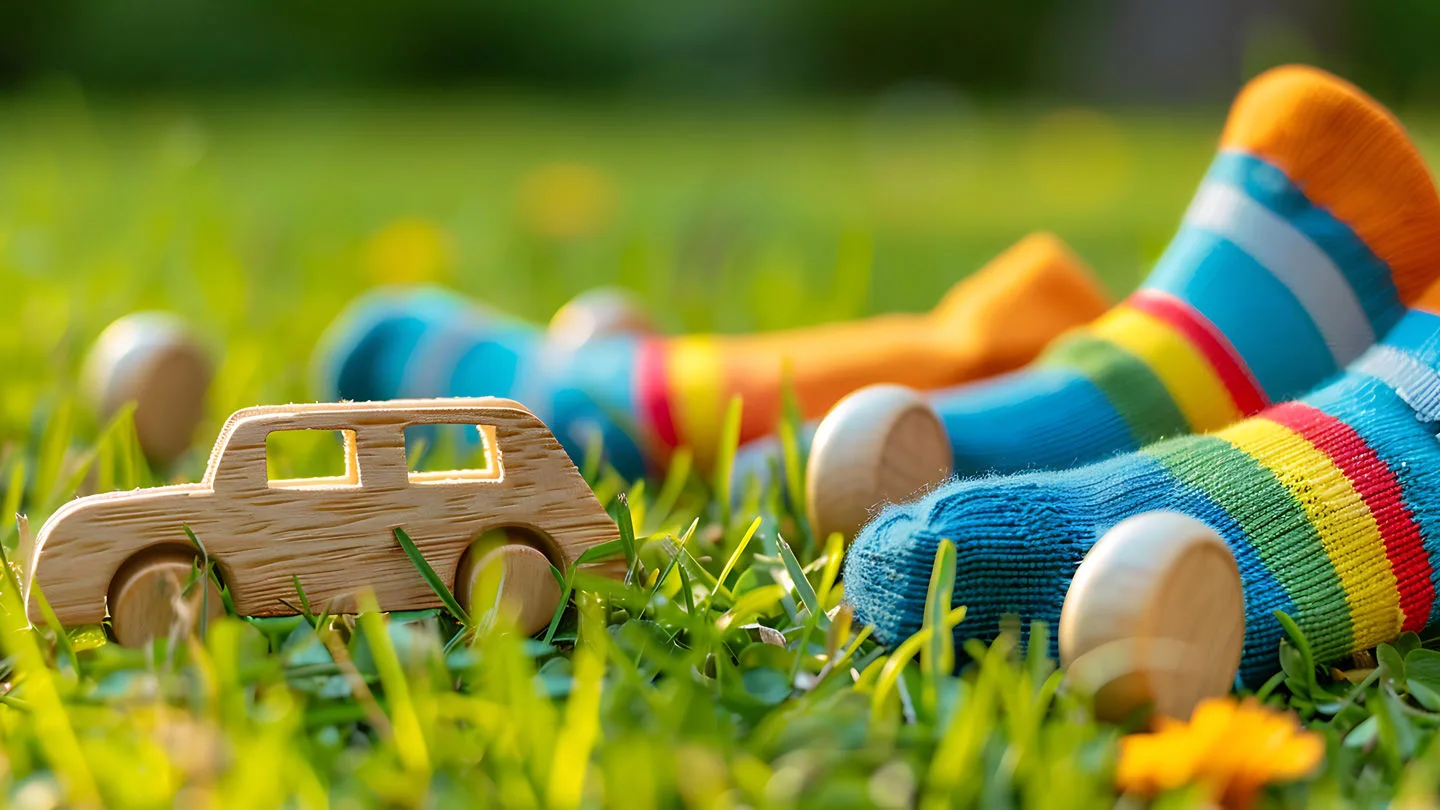 Holz-Spielzeugauto und bunt gestreifte Socken auf einer Wiese