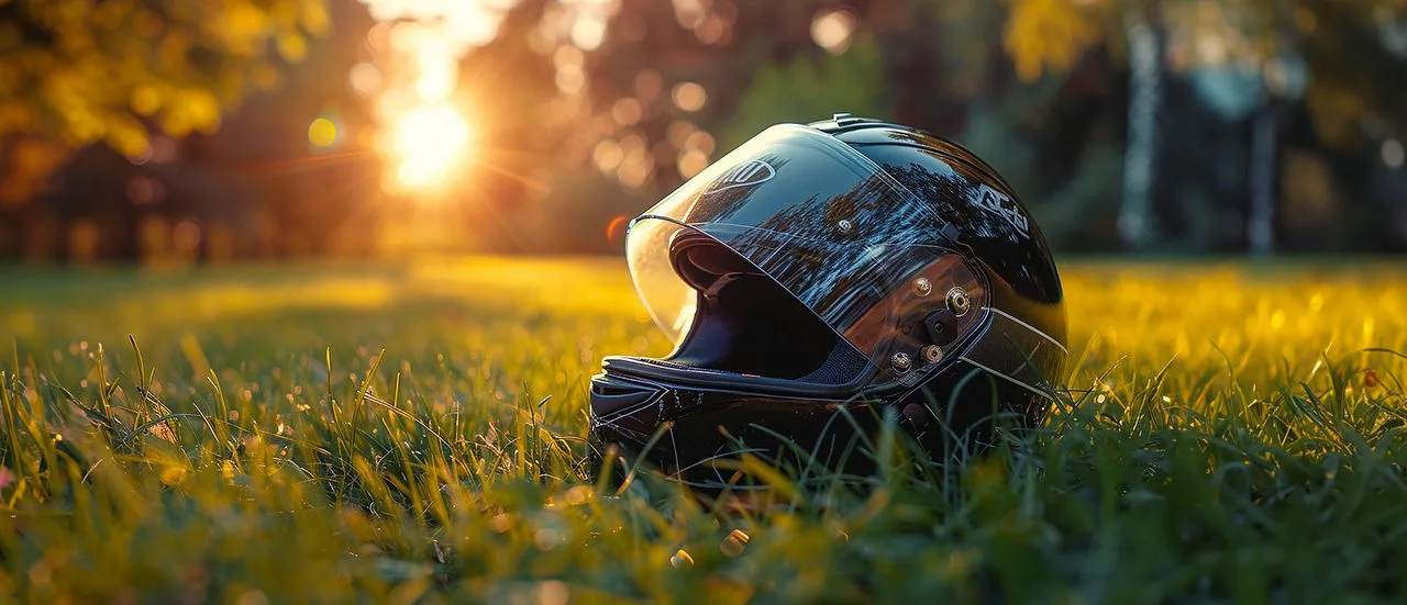 Motorradhelm liegt auf eine Wiese 